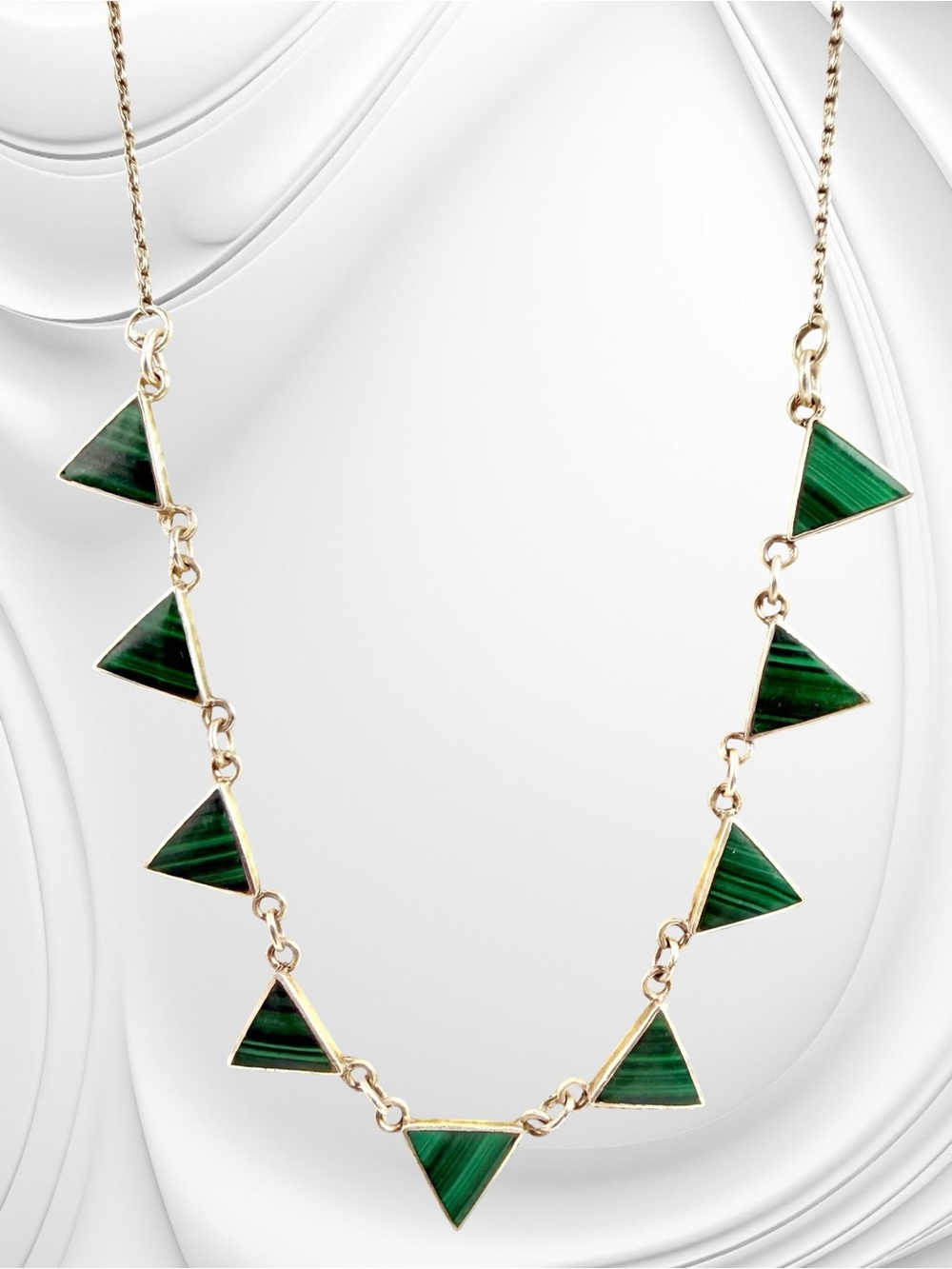 Sterling Silver 925 Malachite Stone Triangle Shaped Necklace 16” Choker Art Deco